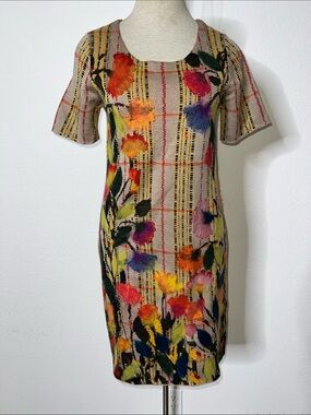 Troubadour Floral Plaid Knit Sheath Dress in Beige with Multicolor Floral Print